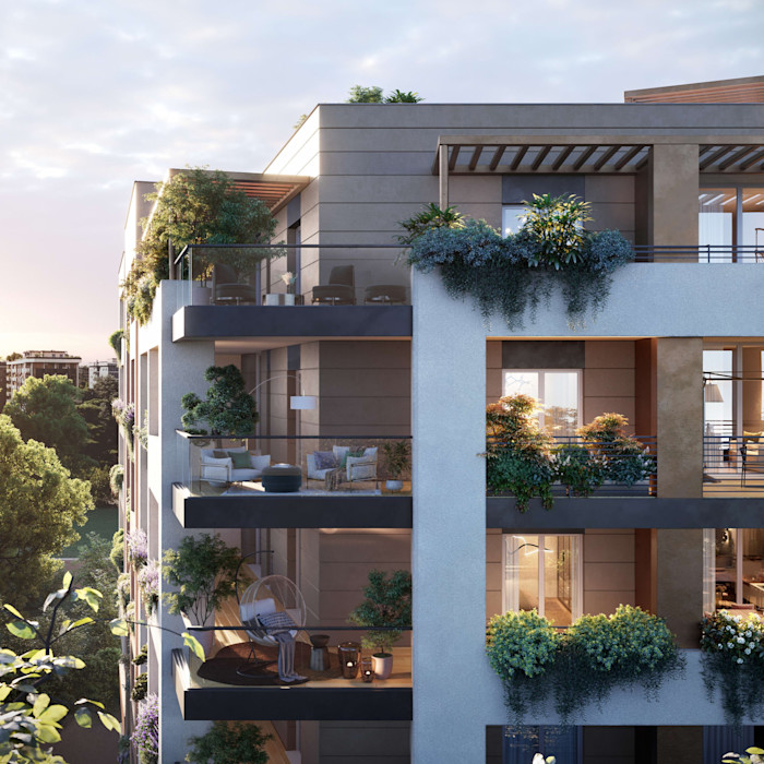 A render of a modern apartment building with spacious balconies, abundant greenery and outdoor seating areas.