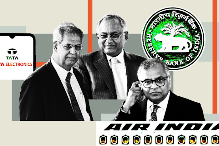 Venu Srinivasan (centre) with Noel Tata (left) and N Chandrasekaran (right) with the Reserve Bank of India, Tata Electronics and Air India signage