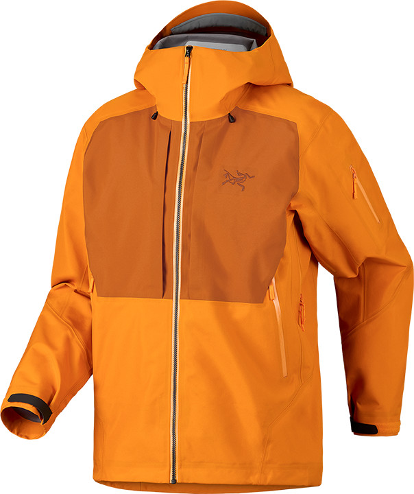 An orange hooded ski jacket with a front zip and contrasting panels.