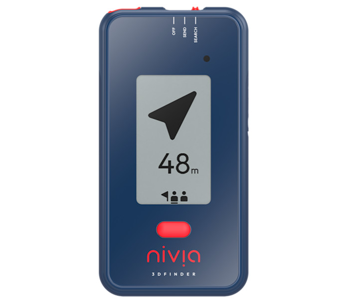 A blue digital avalanche transceiver with a screen displaying a directional arrow.