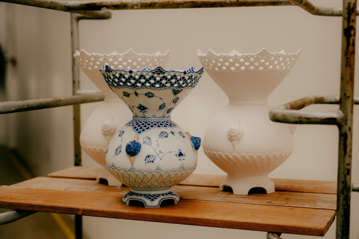 Blue Fluted Full Lace Vintage Vase, in finished (front) and unpainted and unglazed forms, £3,500