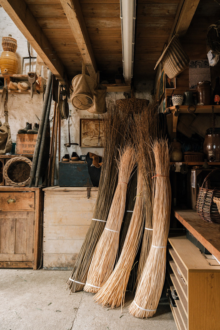 Bolts of withies – the raw material for basket-making – in Malcolm Seal’s workshop in Nettlecombe, west Dorset