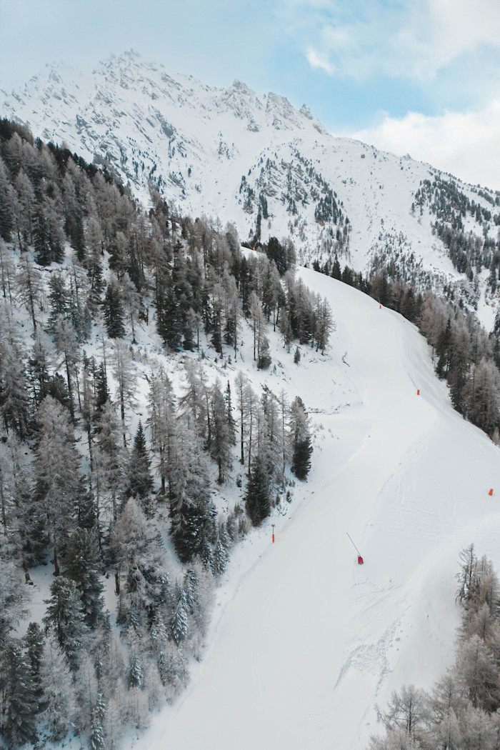 A ski piste with trees to one side