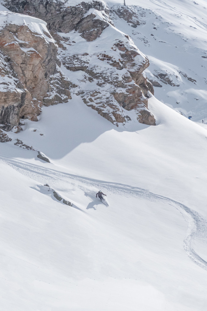 A skier in deep snow