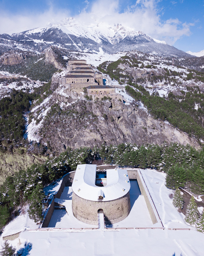 Stone forts covered in snow