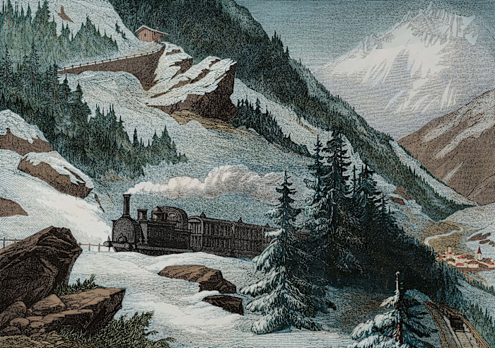 An illustration showing a steam train ascending a snowy mountain pass on the Mont Cenis Railway, surrounded by pine trees and steep slopes