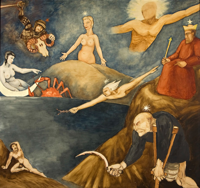 An allegorical painting with mythological and symbolic figures, including a crowned man, a knight with a ram’s skull, a winged figure, and a large red crab.