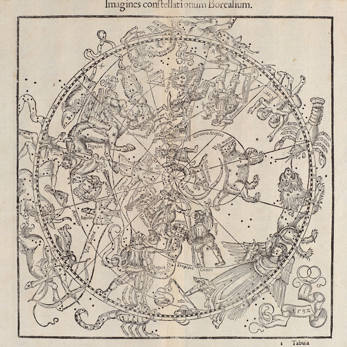 A woodcut celestial map by Johannes Honter from 1541 showing constellations of the northern hemisphere as mythological figures and animals.