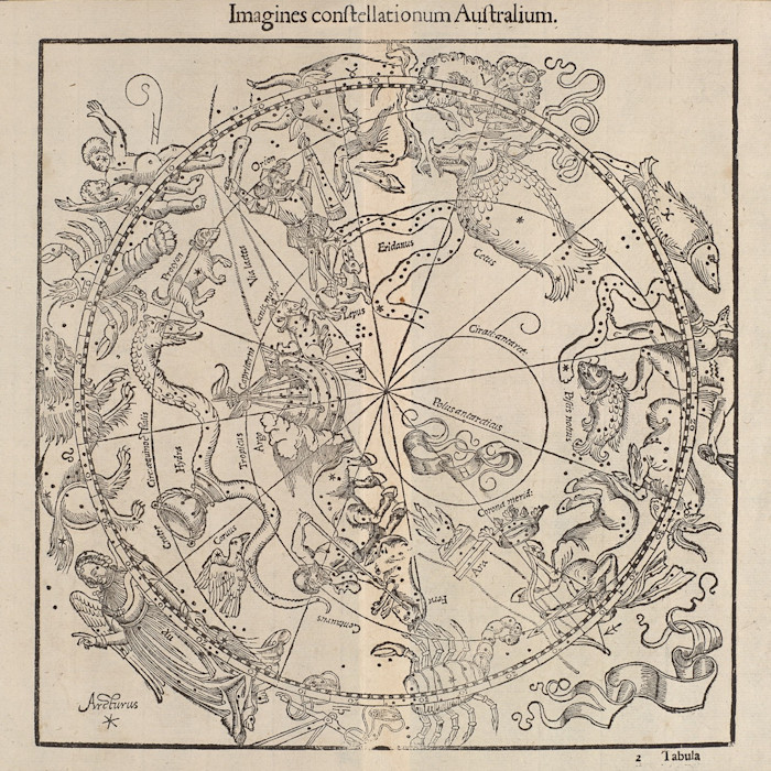 An early woodcut celestial map by Johannes Honter from 1541 shows constellations of the southern hemisphere with mythological figures.