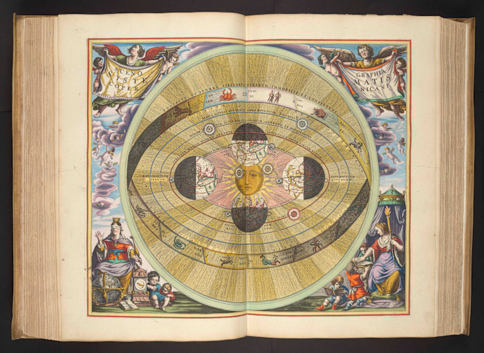 An illustrated page from Andreas Cellarius’s "Harmonia Macrocosmica" shows a colourful, detailed heliocentric diagram of the solar system, with the sun at the centre, surrounded by planetary orbits, zodiac symbols, and allegorical figures at the corners.