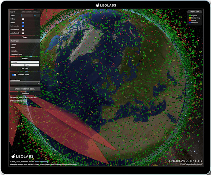 A digital visualisation of Earth showing thousands of objects in low Earth orbit, colour-coded by type, with many green icons representing payloads and debris.