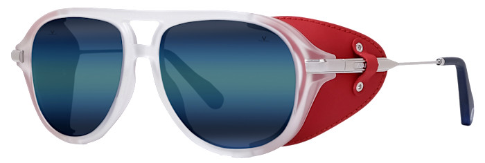 A pair of white-framed sunglasses with blue lenses and red side shields.