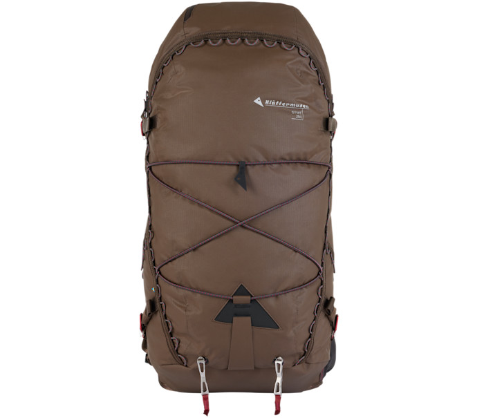 A brown Klättermusen backpack with front bungee cords and adjustable straps.