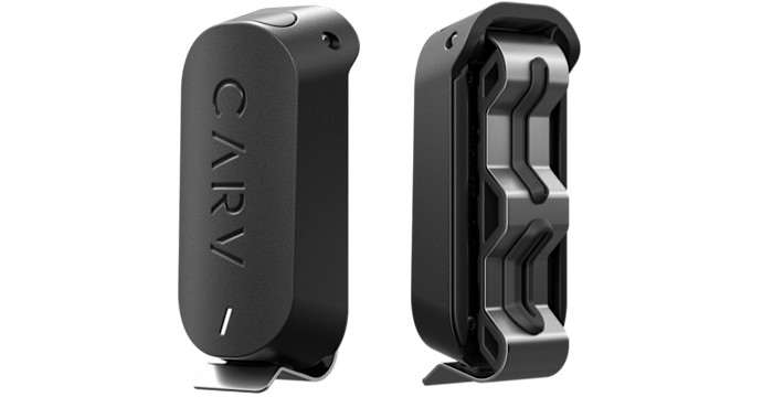 A black Carv ski tracking device shown from the front and back.
