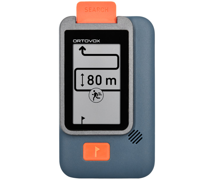 A blue Ortovox avalanche transceiver with an orange search switch and digital display.