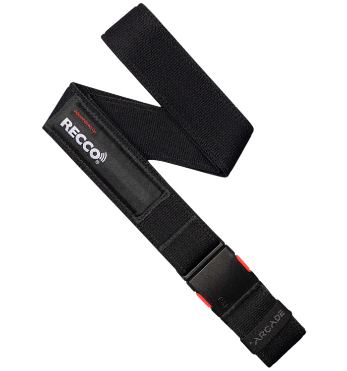 A black Arcade x RECCO belt with an adjustable strap and plastic buckle.