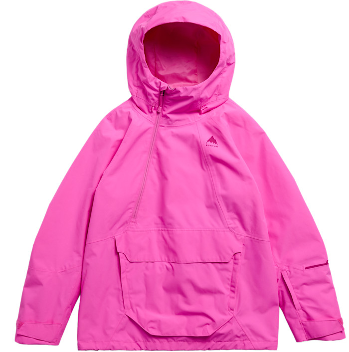 A bright pink Burton hooded ski jacket with a front pouch pocket.