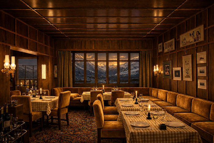A wood-panelled dining room