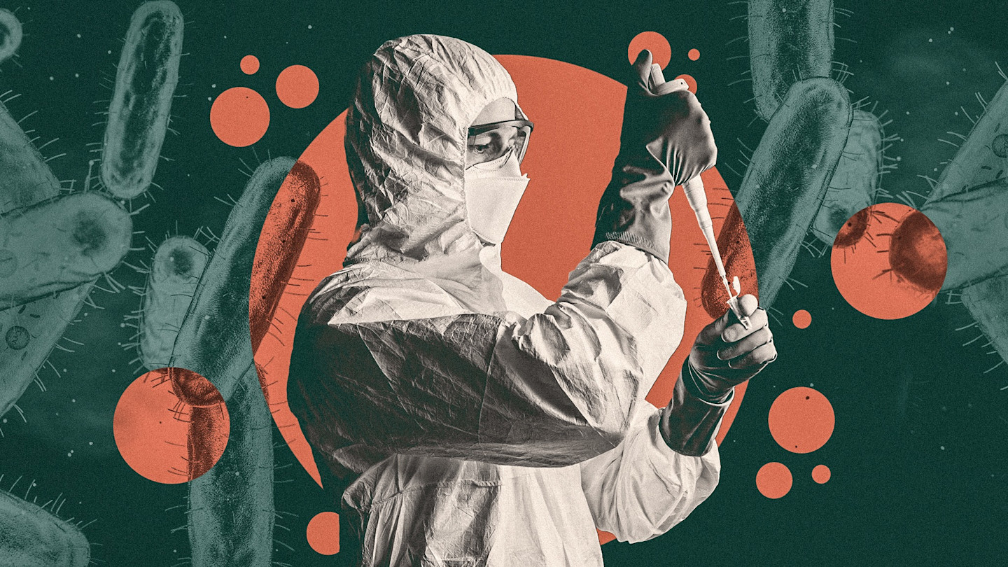 An illustration of a lab worker in protective gear working with a pathogen