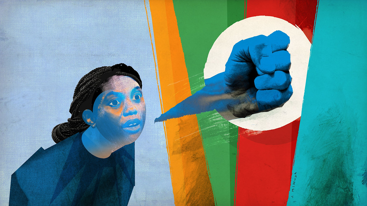 An illustration showing a blue fist pointed at a startled woman, separated by colourful vertical stripes.
