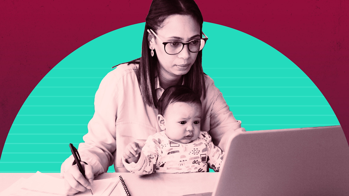 Montage of a woman with a baby on her lap looking at a laptop screen and making notes