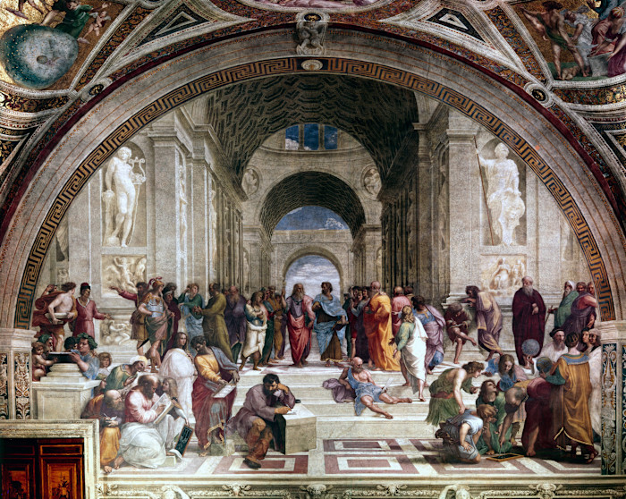 Fresco depicting a gathering of Greek philosophers and scientists, with Plato and Aristotle standing at the center in discussion.