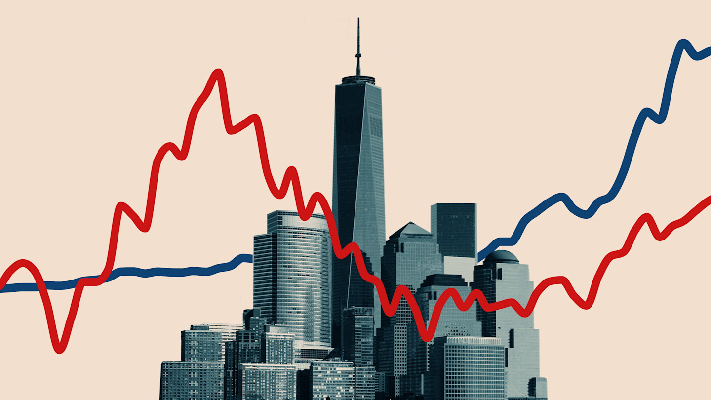 A graphic showing two jagged line charts, one red and one blue, overlaid on an image of Manhattan skyscrapers, including One World Trade Center.