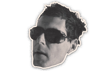 Black-and-white cut-out portrait of a man wearing dark sunglasses