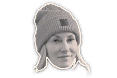 Black-and-white cut-out portrait of a woman wearing a knitted beanie