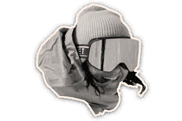 Black-and-white cut-out portrait of a person wearing a beanie and ski goggles