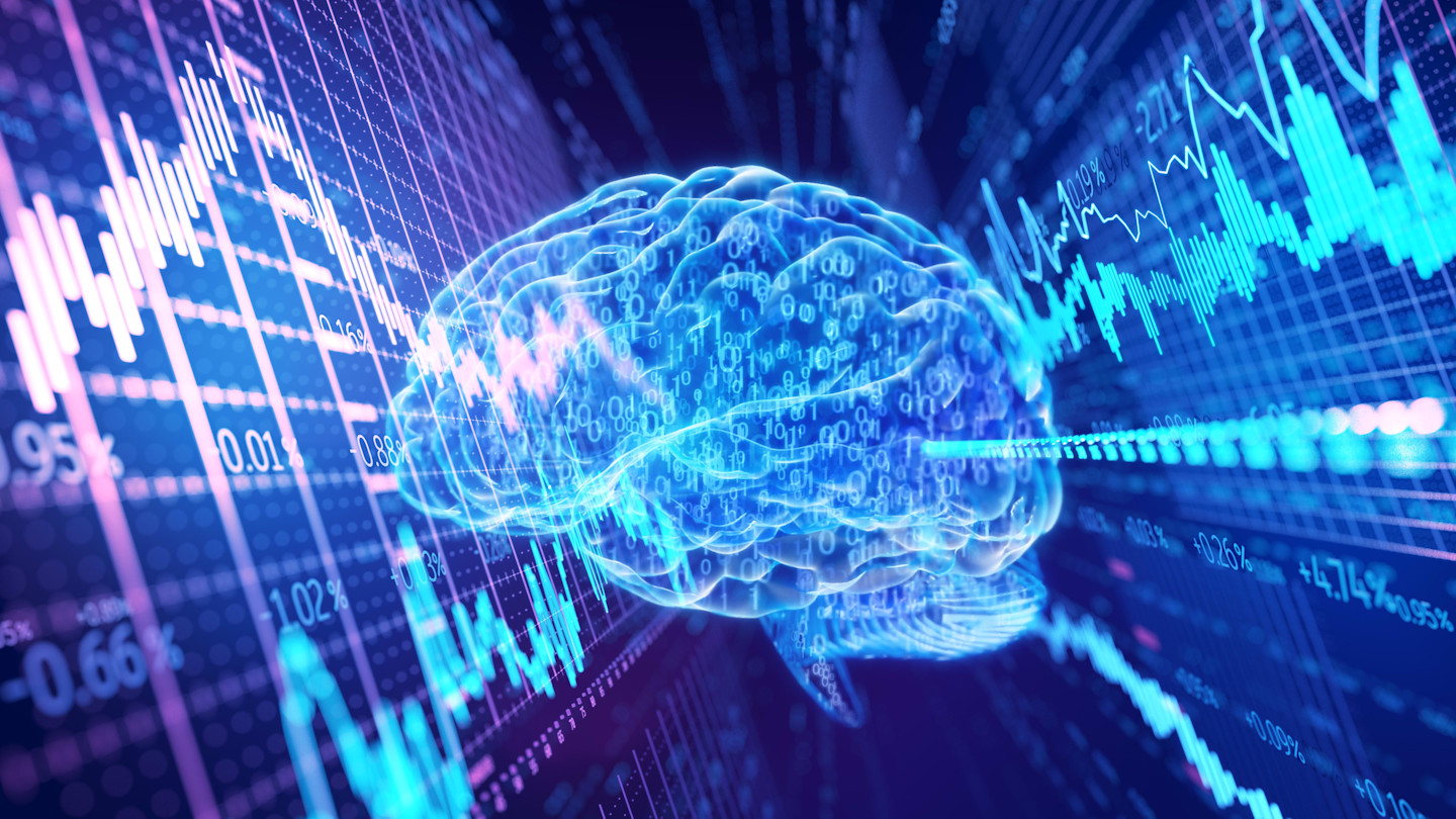 An illustration showing a digital brain overlaid with binary code and stock market charts, representing AI in financial trading.