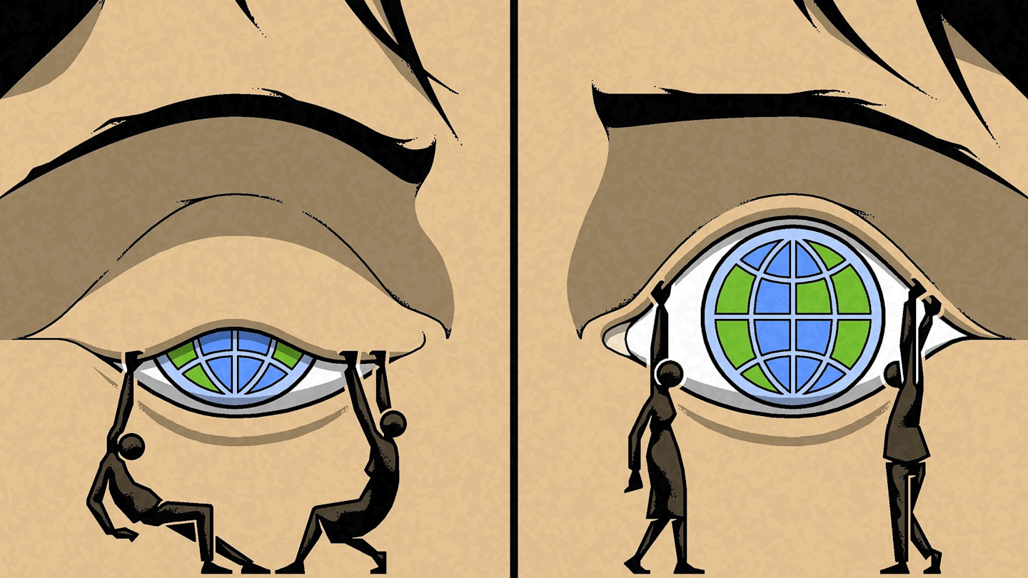An illustration showing two eyes with globe-shaped irises. On the left, black-figure people struggle to open the eyelid; on the right, figures lift the eyelid higher.