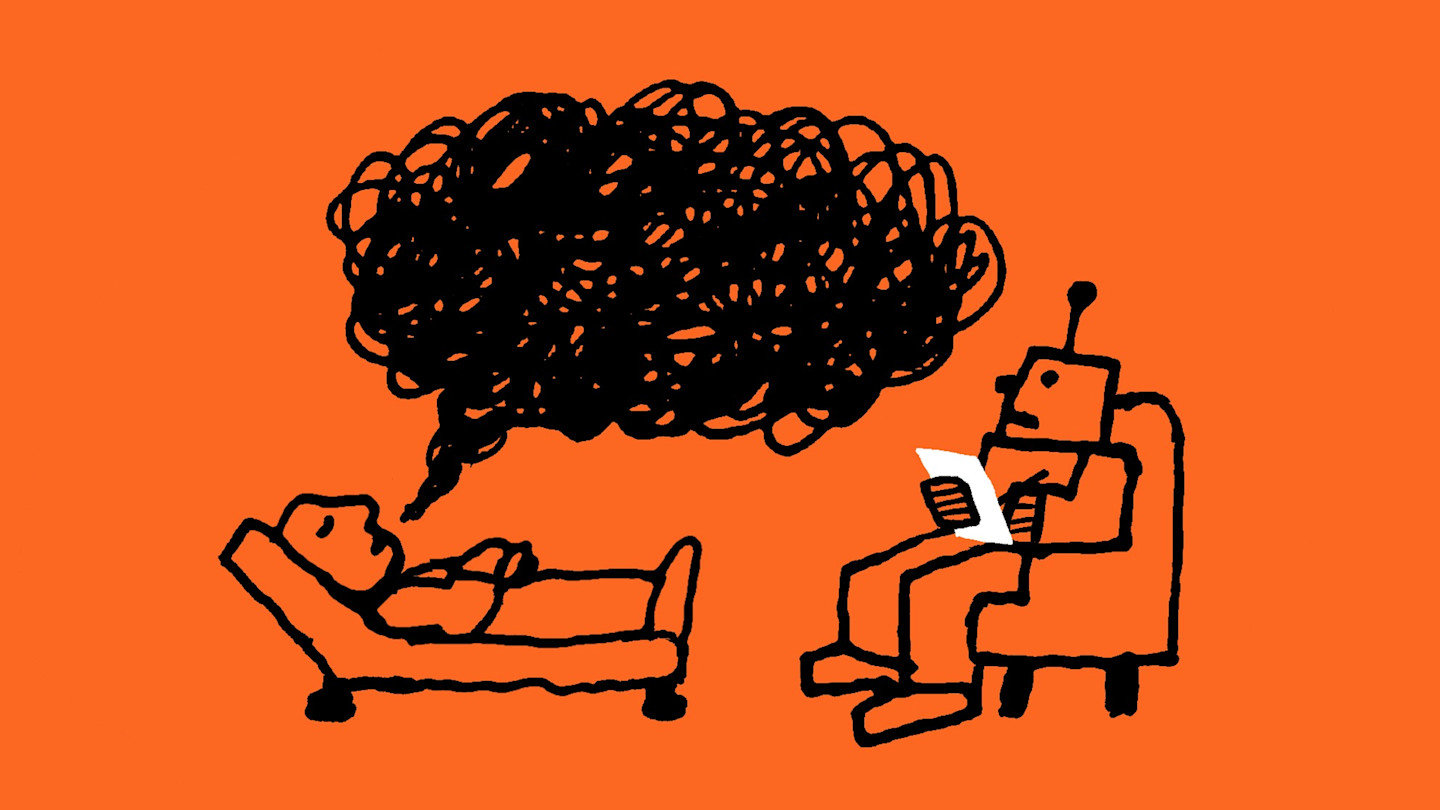 An illustration showing a robot as a therapist listening to a person on a couch, with a scribbled thought cloud between them.