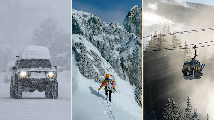 Montage of a vehicle travelling in heavy snow, a person hiking through snow and a cable car