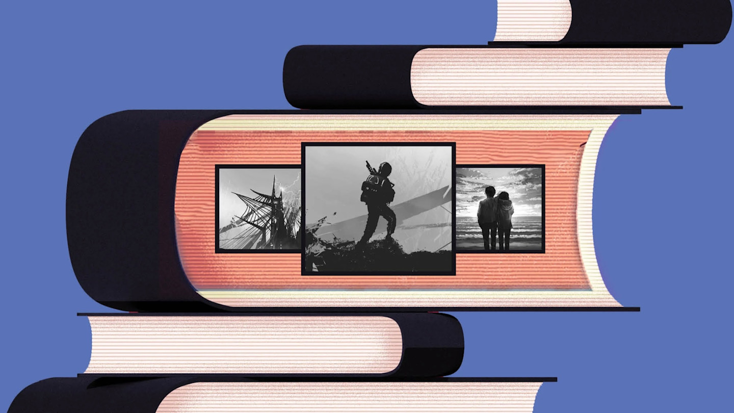 A stack of books with the middle and biggest book showing three black and white images.