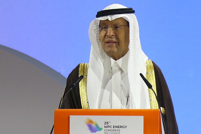 Saudi Minister of Energy Abdulazziz bin Salman al-Saud speaks at a podium during the 25th WPC Energy Congress.