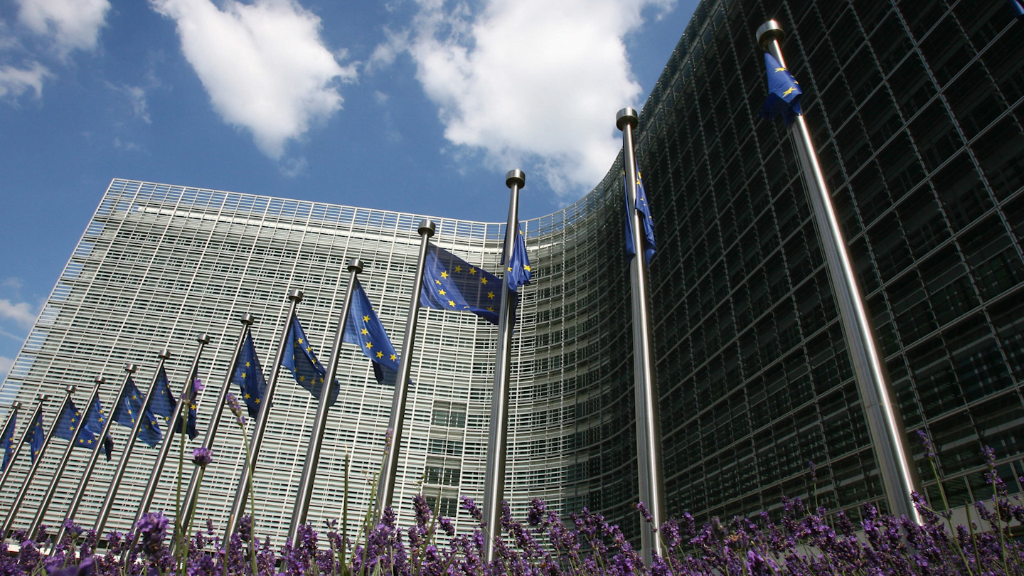 The Berlaymont building with rows of European Union flags in front and purple flowers in the foreground.