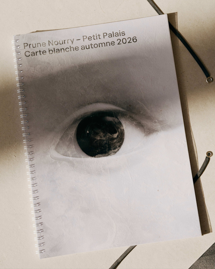 A spiral-bound booklet with a cover featuring an image of an eye and the text “Prune Nourry – Petit Palais Carte blanche automne 2026.”