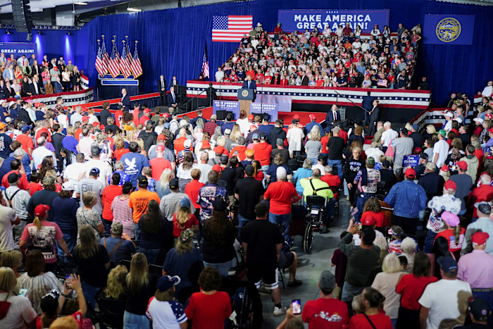 US President Donald Trump speaks during a rally at Pinnacle Bank Expo Center in Grand Island, Nebraska this month