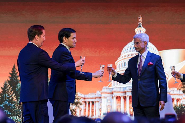 US secretary of state Marco Rubio, India’s foreign minister S Jaishankar and US ambassador to India Sergio Gor toast during a reception in Mumbai on Tuesday