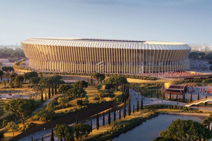 Architectural rendering of a vast oval stadium with vertical façade fins, surrounded by landscaped gardens, pedestrian walkways and crowds.
