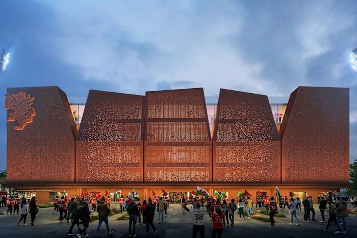 Proposed Wrexham AFC stadium exterior features angular rust-coloured panels, a glowing Welsh dragon emblem and crowds of football fans approaching the entrances.
