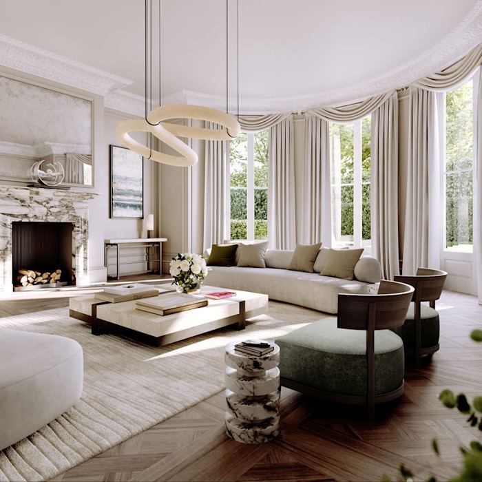 Elegant reception room with large bay windows, a marble fireplace, modern curved sofas, and a sculptural ceiling light.