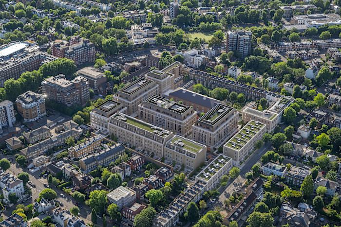 Aerial view of the St John’s Wood Square development with modern, multi-story residential buildings featuring rooftop gardens, surrounded by established neighborhood streets and greenery.
