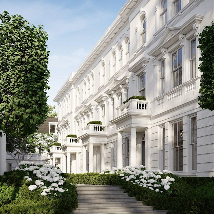 A row of elegant white terraced houses with classical architectural details, stone steps, and manicured greenery with white flowers in front.