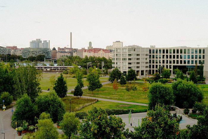 A view of Töölönlahti Park from the rooftop of the Finlandia Hall
