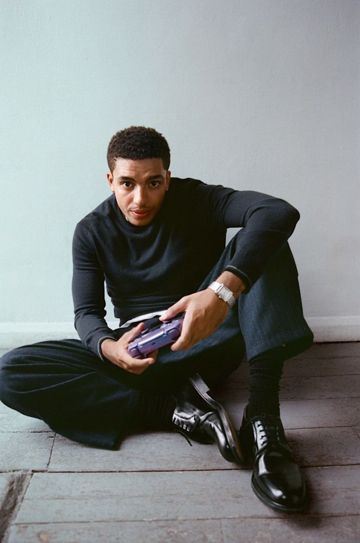 Giorgio Armani wool crewneck, £680, and cashmere and wool-mix trousers, £3,450. Sunspel cotton Classic boxer shorts (just seen), £49. Church’s polished leather Shannon Derby shoes, £1,020. Pantherella cotton-mix ribbed socks, £18. Cartier platinum Tank Normale, £60,500