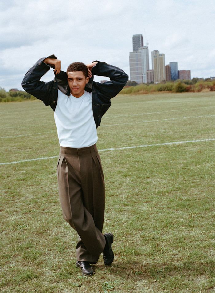 Zegna Pima cotton T-shirt, £750, and wool trousers, POA. Vintage jacket, stylist’s own. Vintage Church’s leather shoes, Jay’s own