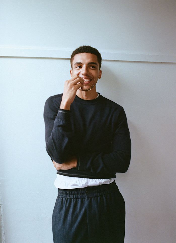 Giorgio Armani virgin wool crewneck, £680, and cashmere and wool-mix trousers, £3,450. Sunspel cotton Classic boxer shorts, £49. Cartier yellow-, white- and rose-gold Trinity necklace, £3,300. Earrings, Jay’s own