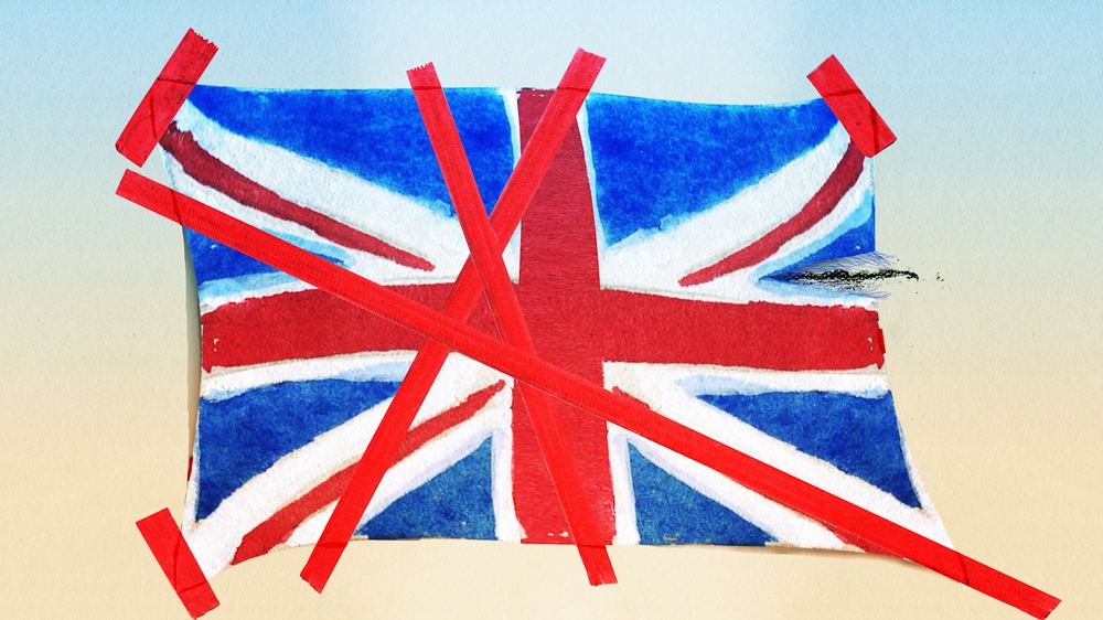 An illustration showing a torn UK flag covered in criss-crossing strips of red tape, suggesting bureaucratic constraint.